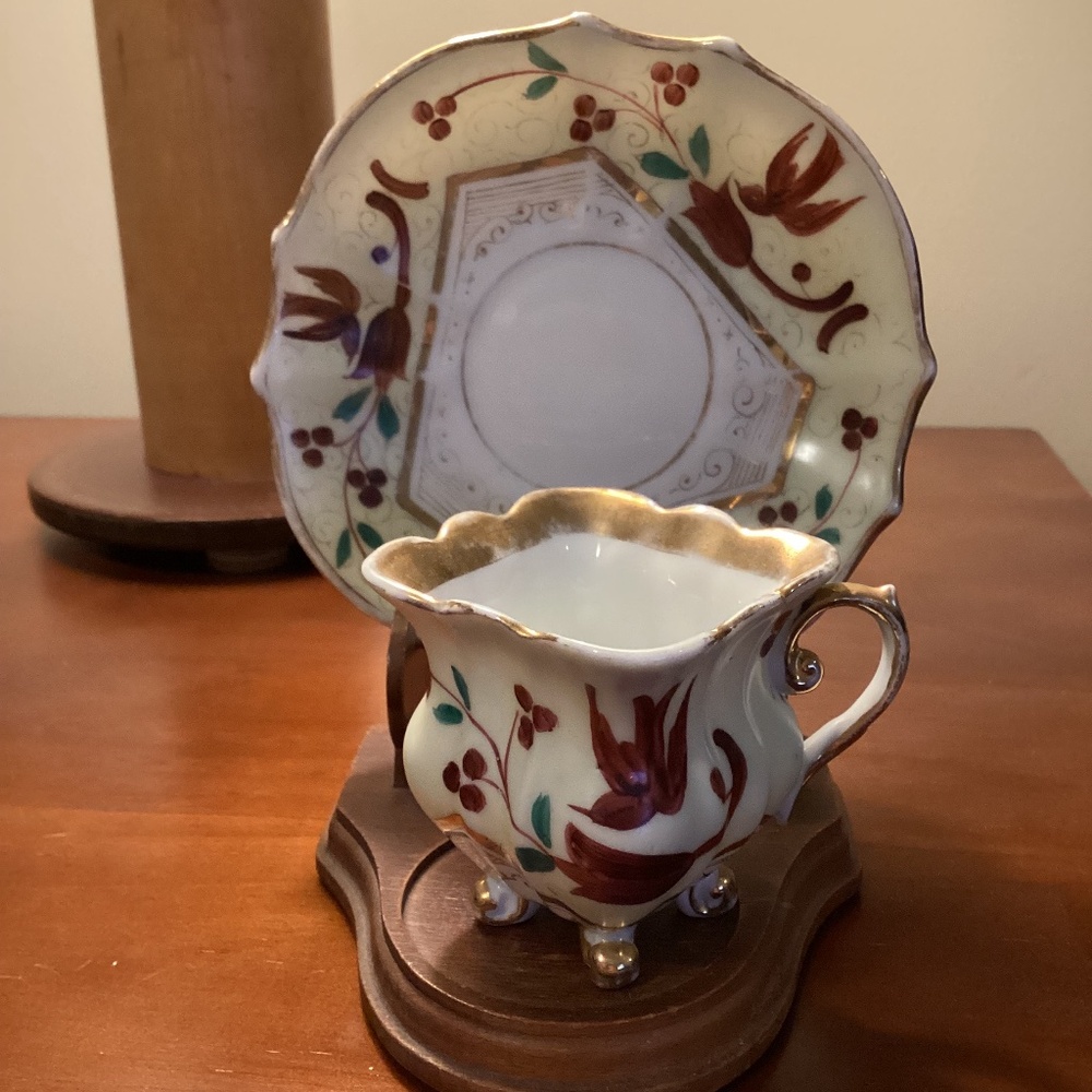 Rare Vintage Antique Tea Cup & Saucer with Wooden Display Stand Decor